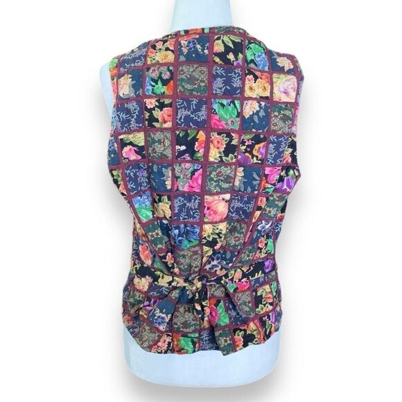 Vintage 90s Vest Multicolor Dark Floral Patchwork Checkered Tie Waistcoat Medium - Picture 4 of 10